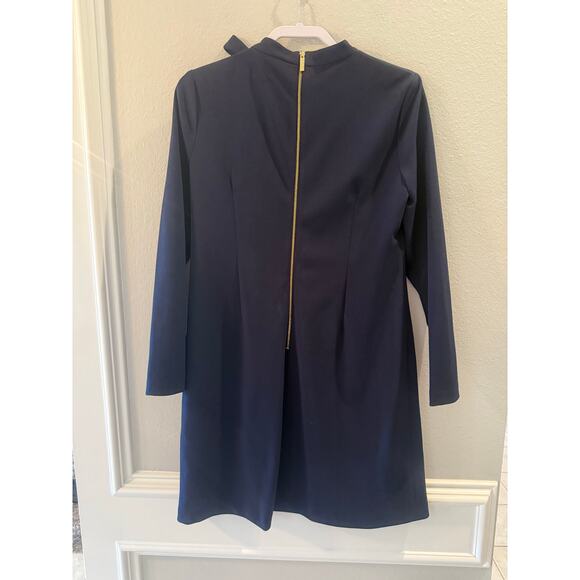 038 Calvin Klein High Neck Long Sleeve Navy Shift Dress Bow Neck Sz 12 - Picture 2 of 7